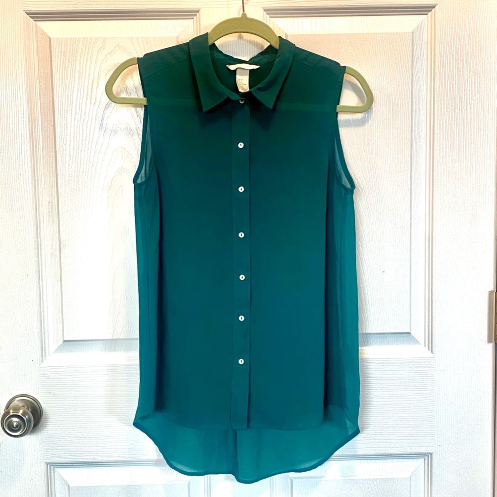 H&M Emerald Green Sheer Collared Button Down Tank Top w/ Shell Buttons size 6